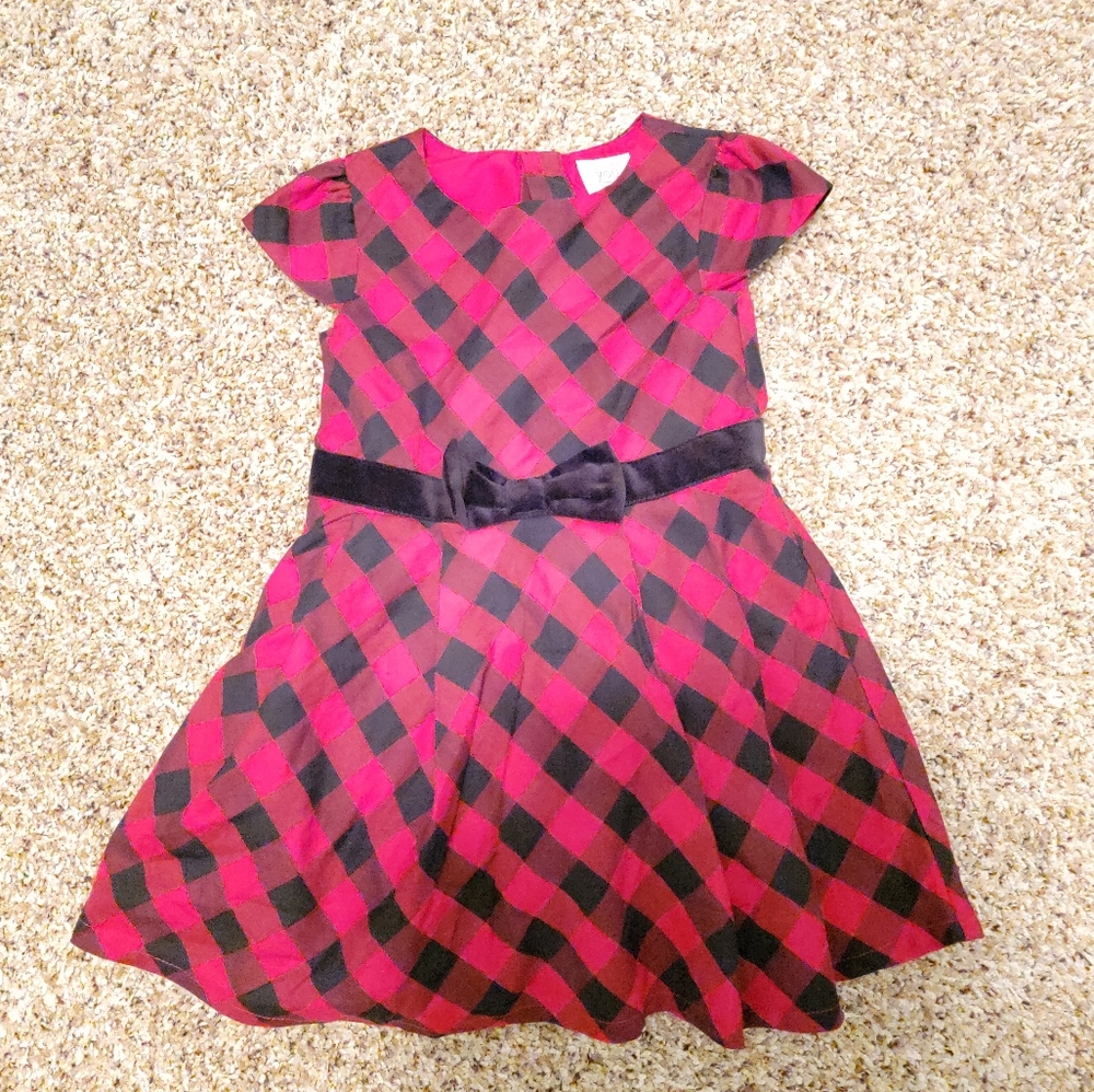 Red plaid dress with velevet bow.